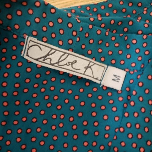 Chloe K Teal Orange Polka Dot Bow Tie Neck Top - Picture 5 of 6